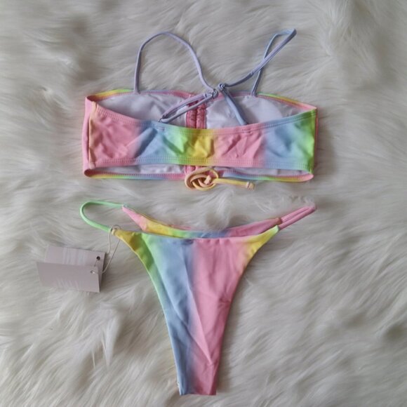 NWT Pink Blue Yellow Green Multicolor Bikini Bathing Suit Set Size Medium - Picture 6 of 8